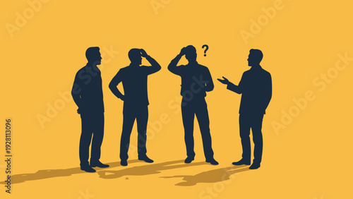 Group of business silhouettes engaged in a serious discussion with one person explaining a confusing topic or a new idea.