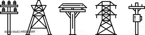 Set of electricity power transmission towers for distributing energy industrial infrastructure urban cityscape modern technology poles