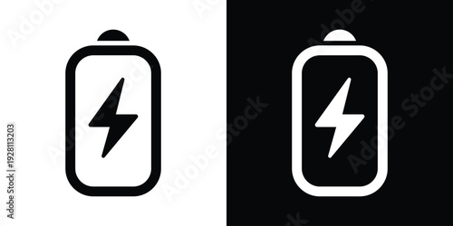 Vertical battery icon with a lightning bolt symbol. Modern flat vector graphic representing charging status, energy refill, and electrical power supply for digital devices.