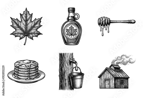 Vintage woodcut style illustration set of maple syrup production featuring foliage harvest tools and breakfast food