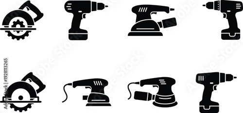 Power Tools Icon Set Featuring Electric Drill, Circular Saw, Orbital Sander and Workshop Equipment Silhouettes for Construction and DIY Design