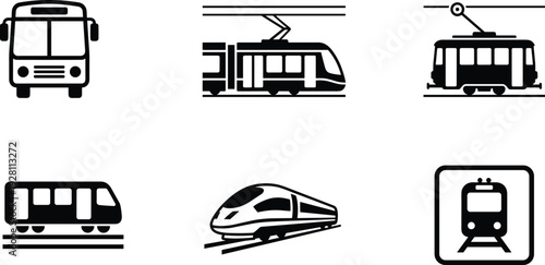 Public Transport Icon Set Featuring Bus, Tram, Metro, High Speed Train and Railway Transportation Silhouettes for Urban Mobility Design