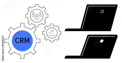 Business management, CRM systems, digital tools, technology workflows, data analysis, automation. Gears with CRM text near laptops and icons. CRM systems and digital tools concept