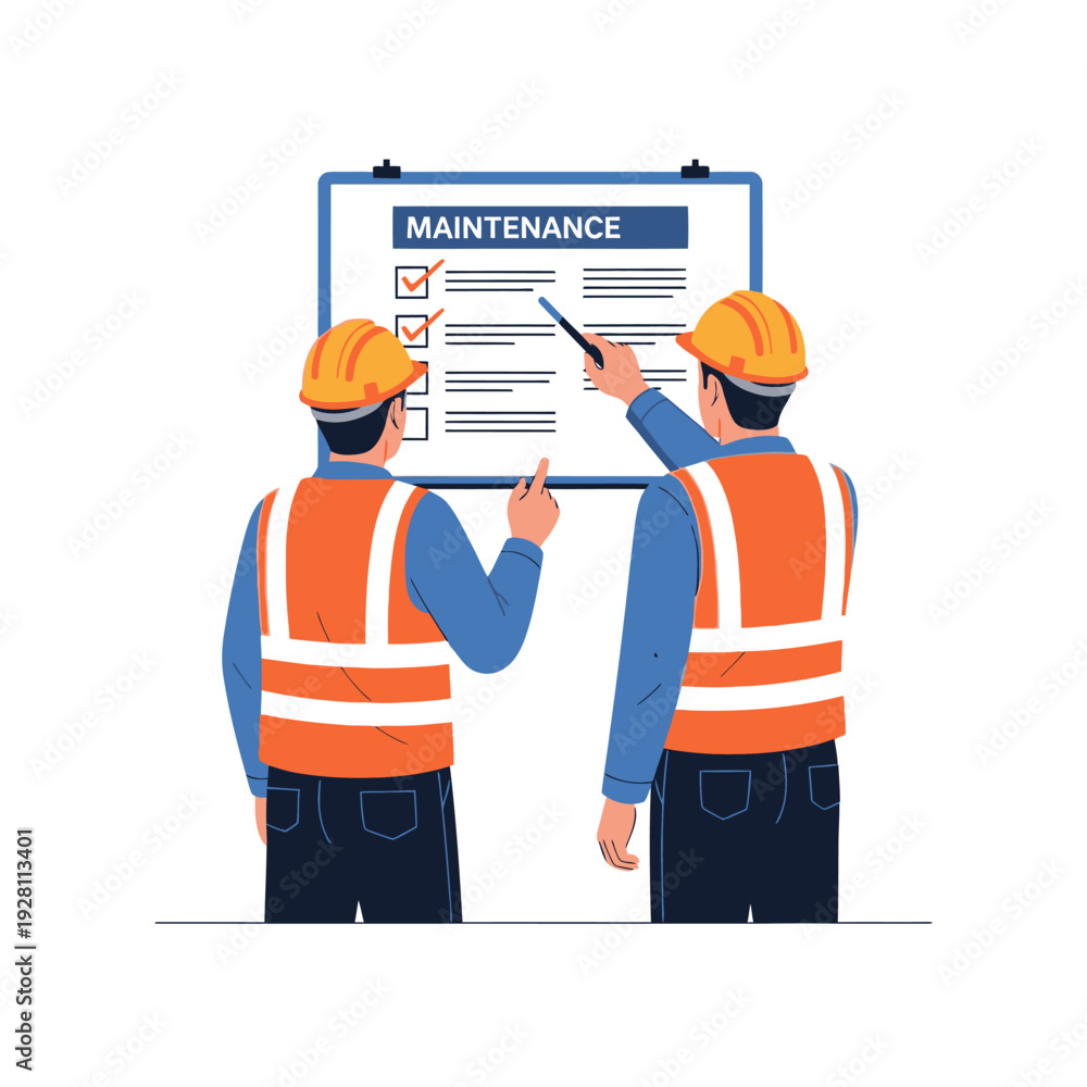 Fototapeta premium Industrial Maintenance Team Reviews Checklist for Safety and Operations Planning