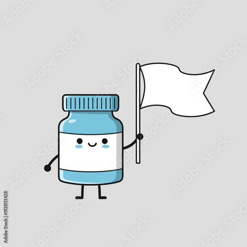 Cute cartoon pill bottle character holding a white flag, surrender concept