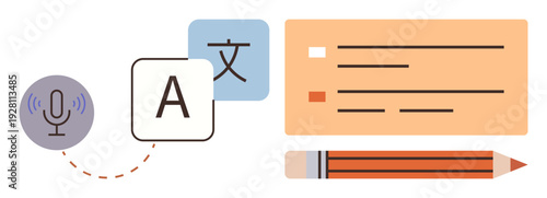 Language education, multilingual communication, speech recognition, text conversion, digital tools, global learning. Microphone, alphabet blocks language symbols pencil checklist. Language