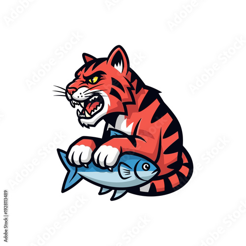 Fierce Tiger Mascot Holding a Fresh Fish, Aggressive Predator Ready to Eat