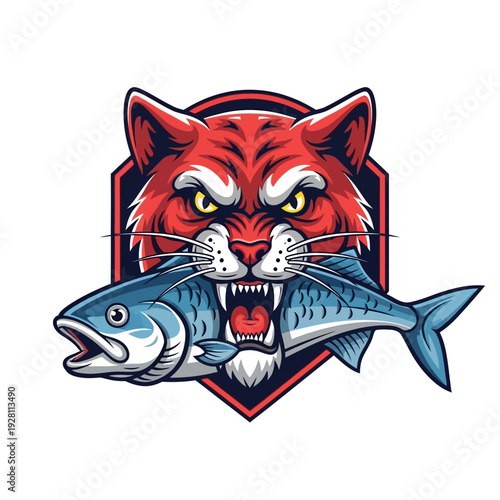 Fierce red fox with sharp teeth biting a large blue fish in its mouth, aggressive hunting