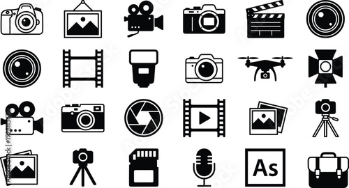 Photography and Video Production Icon Set Featuring Camera, Lens, Drone, Microphone, Film Reel and Media Equipment Silhouettes for Creative Design