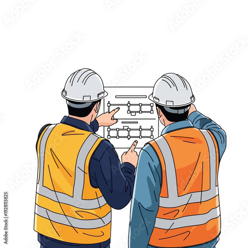 Construction Workers & Engineers Reviewing Blueprint for Building Project. Team Collaboration on Architectural Plans.