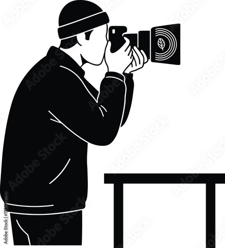 Photographer Using Camera Silhouette Illustration Showing Professional Photo Shooting Activity Representing Creative Photography, Visual Art and Media Production Concept