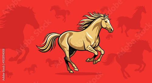 Majestic Horse Running Freely Across Open Field with Herd in Background Illustration