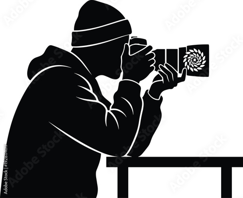 Photographer Taking Picture with Camera Silhouette Illustration Representing Creative Photography, Professional Shooting, Artistic Vision and Visual Storytelling ConceptPhotographer 