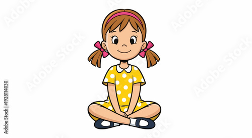 A young girl in a yellow polka dot dress sitting cross-legged with pigtails and a headband