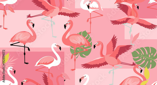 Vibrant Flamingos Pattern with Tropical Leaves Illustration