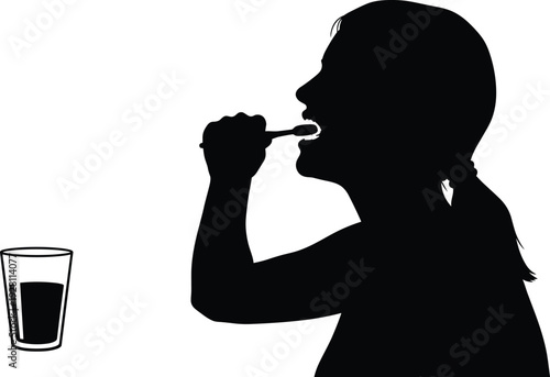 Person Taking Medicine Silhouette Illustration Showing Oral Tablet Consumption with Glass of Water Representing Healthcare Treatment and Daily Medication Routine