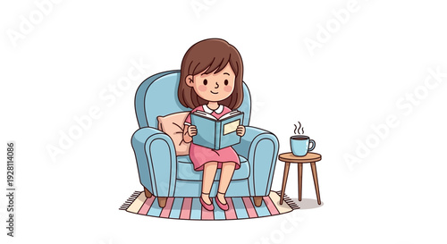 Woman Relaxing on Sofa with Book and Beverage in Cozy Living Room Scene Illustration
