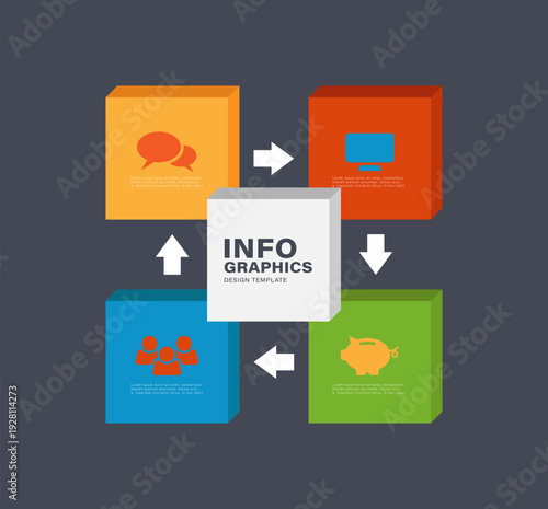 Colorful 3D infographic template. Business growth strategy with 4 square blocks for data entry