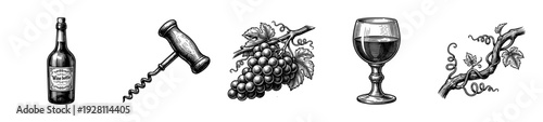 Vintage engraving set of wine production elements featuring a bottle, corkscrew, grape cluster, goblet, and vine branch.