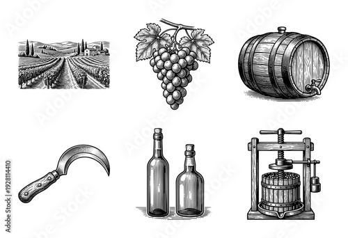 Vintage woodcut style collection of winemaking elements featuring vineyard landscape grapes barrel sickle bottles and antique wine press