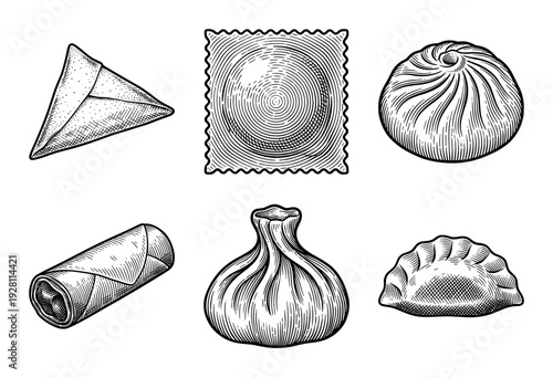 Vintage woodcut style illustration of international dumplings including gyoza ravioli samosa and spring roll
