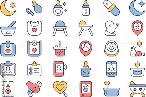 Baby Care and Parenting Icon Set Featuring Feeding Bottles Sleep Routine Baby Monitor Pacifier Bath Time and Healthcare