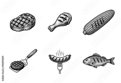Vintage hand drawn engraving style barbecue and grilled food collection featuring meat, fish, and vegetables.