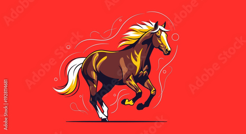 Dynamic illustration of a running horse with flowing mane, captured in mid-gallop from a side viewpoint, showcasing animal motion