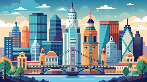 Very beautiful flat vector illustration of the Philadelphia skyline featuring City Hall, Liberty Place, and Comcast Center, with simplified bridges and riverfront foreground in clean geometric style.