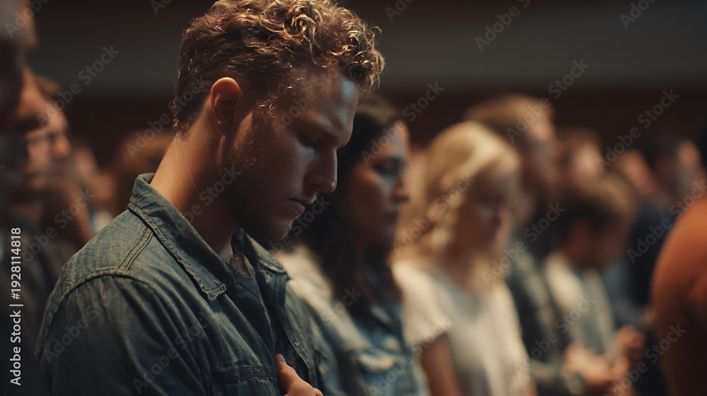 Fototapeta premium Man praying in church congregation people crowd worship prayer religion