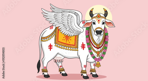 Mythical winged cow decorated with ornaments and jewels standing majestically on a plain background viewed from the side