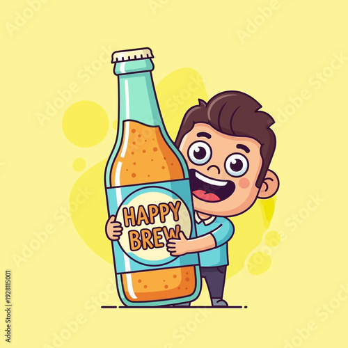 Happy Boy Hugging Giant Beer Bottle Labeled "Happy Brew"