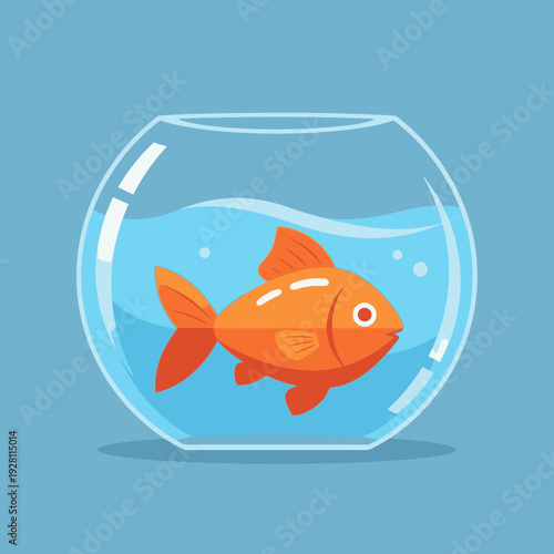 Orange Goldfish Swimming in a Round Glass Fishbowl with Blue Water