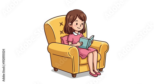 Woman Sitting Comfortably in Armchair Reading Tablet with Relaxed Expression