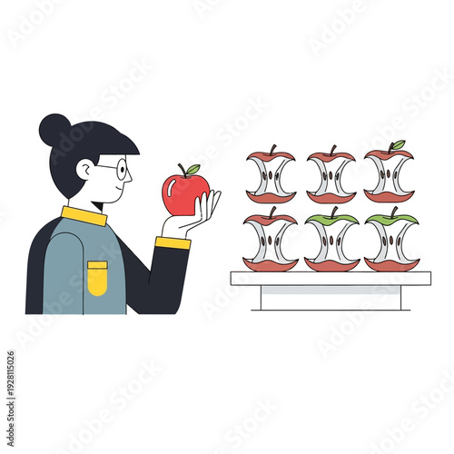 Person Holding Red Apple Near Apple Cores on Shelf, Healthy Eating Concept