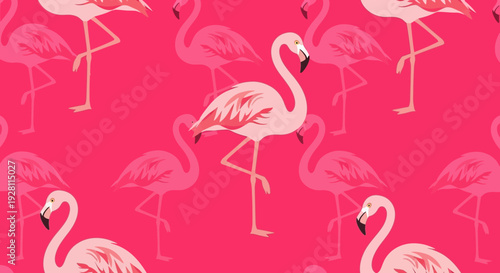 Flock of pink flamingos standing together in a vibrant pattern