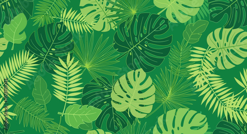 Tropical leaves pattern featuring monstera and ferns in a lush green botanical design for wallpaper or textile, viewed from directly above