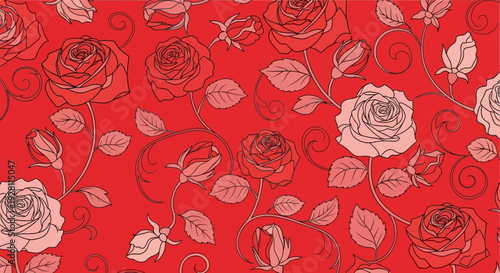 Vibrant floral pattern with roses, leaves, and stems on a red background viewed from above, Whisk inspired design elements visible throughout