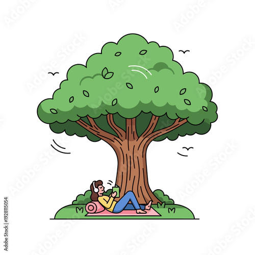 Woman Relaxing Under Tree Reading Book and Listening Music on Yoga Mat Outdoors