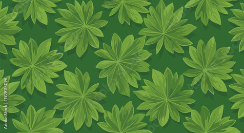 Repeating pattern of green leaves arranged in a seamless design, viewed from directly above, showcasing a lush botanical display.
