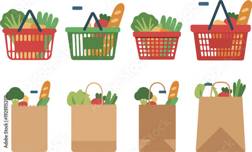 Grocery Shopping Basket and Paper Bag Vector Collection with Fresh Vegetables Bread and Food Products for Supermarkets