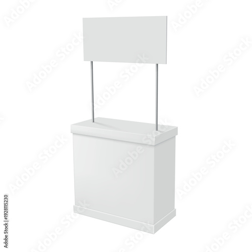 Counter for promotions or retail stands is placed on a white background. This stand features a flat surface and a tall sign holder above. It is suitable for various events and sales.