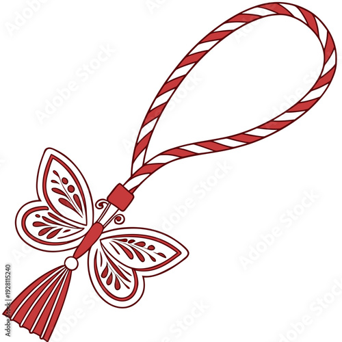 Martenitsa with butterfly and tassel charm, symbolic red and white spring jewelry, traditional design vector illustration for march 1 celebration