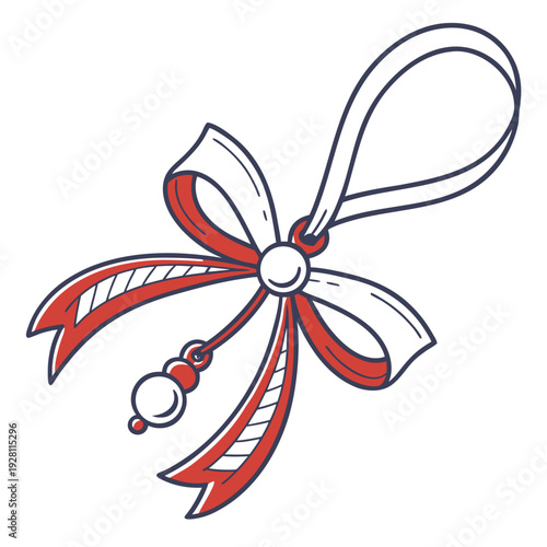 Red and white ribbon bow martenitsa, traditional spring talisman with hanging beads, vector illustration of a cultural symbol for new beginnings