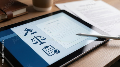 Digital tablet displaying legal documents and justice icons representing modern law firm technology and online attorney services for efficient case management on wooden office desk workspace