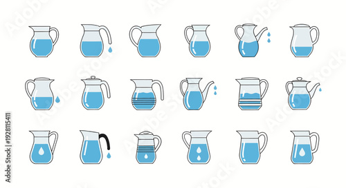 Collection of blue water jugs with various handles and water levels
