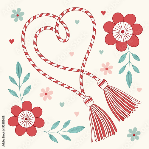 Traditional spring celebration background with red and white braided cord forming heart shape among blooming flowers and green leaves on cream base