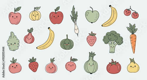 Colorful Cartoon Fruits and Vegetables Illustration.