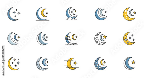 Collection of crescent moon and star illustrations in various styles