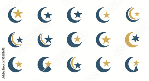 Collection of crescent moon and star symbols in various combinations and colors.